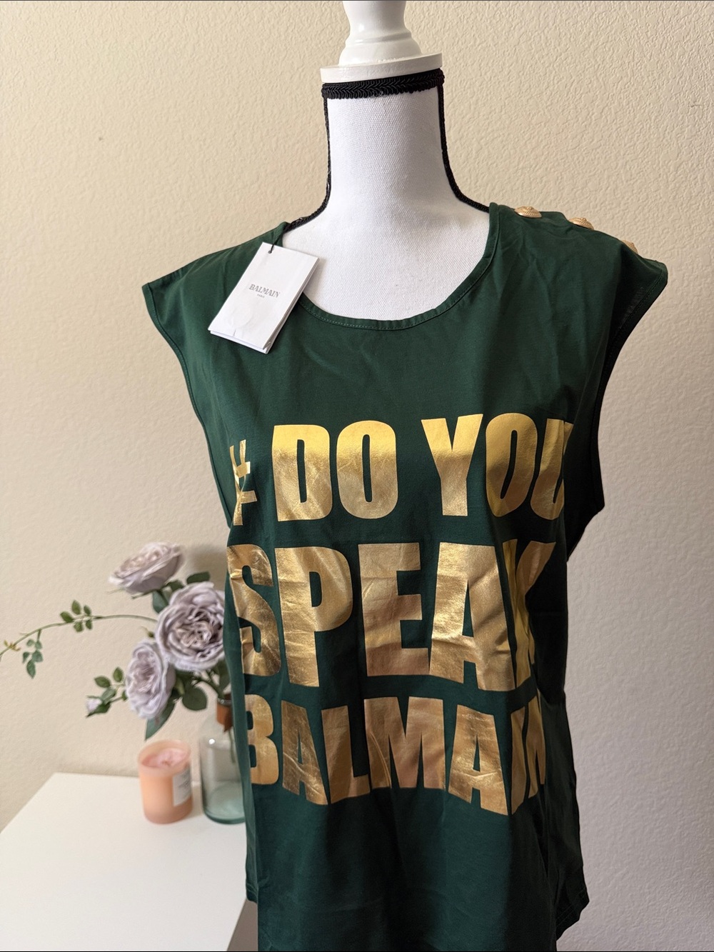 Balmain Forest Green Tank with Gold Logo #do you speak Balmain Text